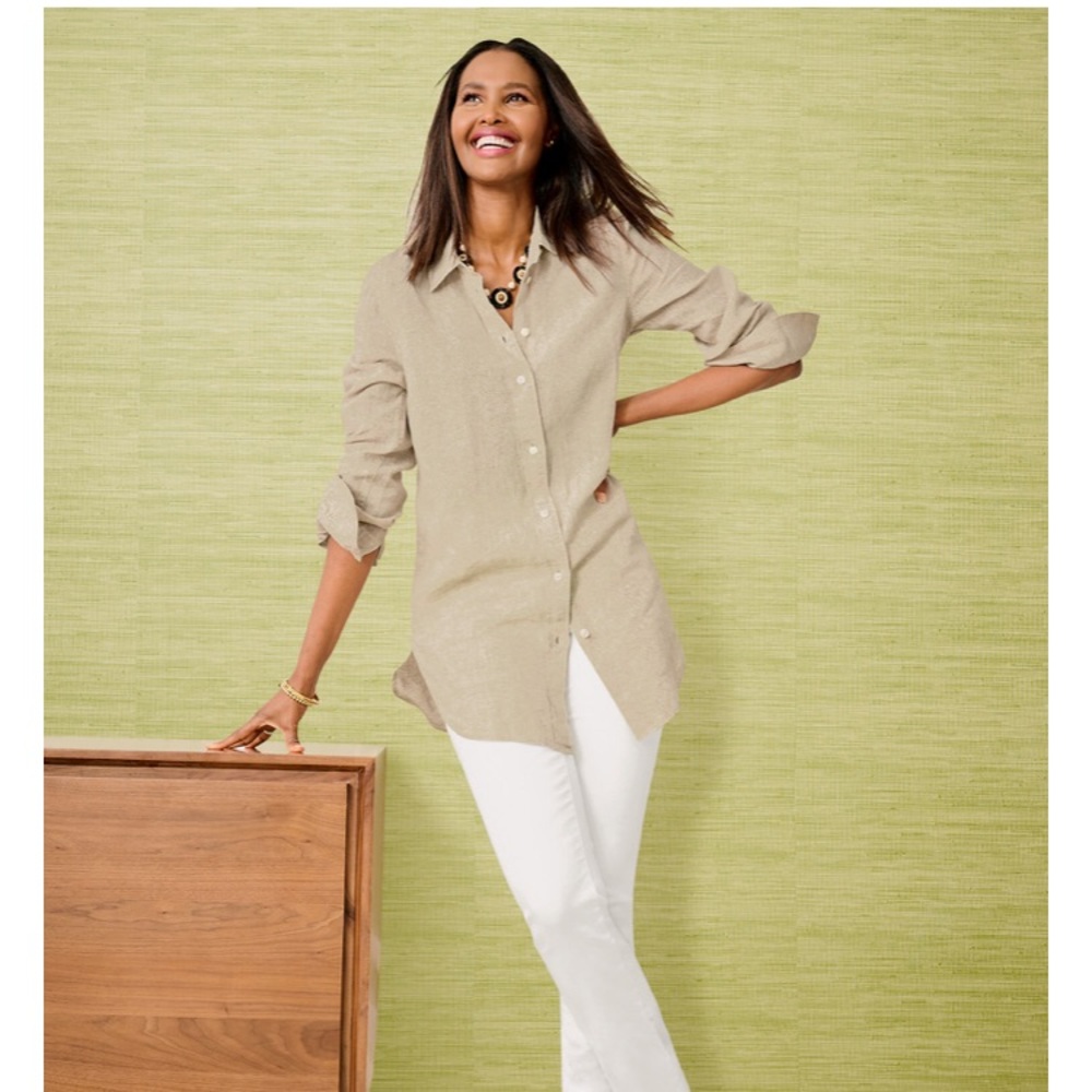 Talbots LINEN BOYFRIEND SHIRT - OATMEAL size Petite PM NEW